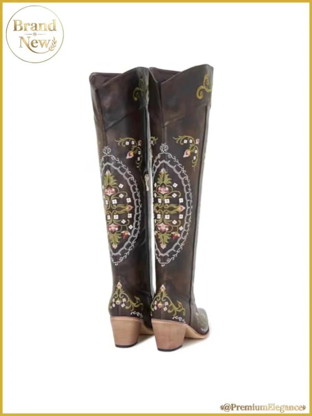 Faux Leather Over-the-Knee Cowgirl Boots with Floral Embroidery and Block Heel